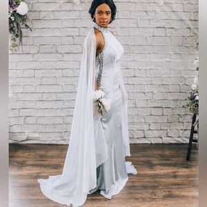 Blue fitted satin gown with chiffon cape and sheer beaded side seams- size 6